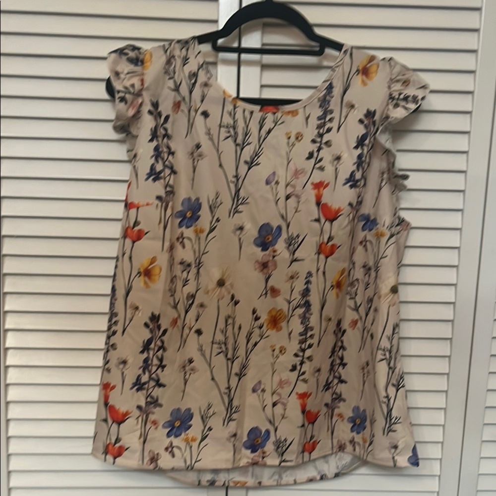 SHEIN Ruffled Cap Sleeve Blouse in Cream and Blue